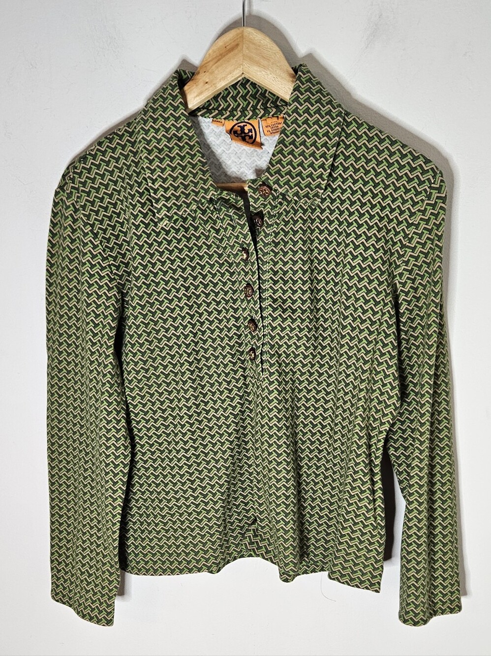 Tory Burch Knit Top Blouse Collar Long Sleeves Green Chevron Women's L Large